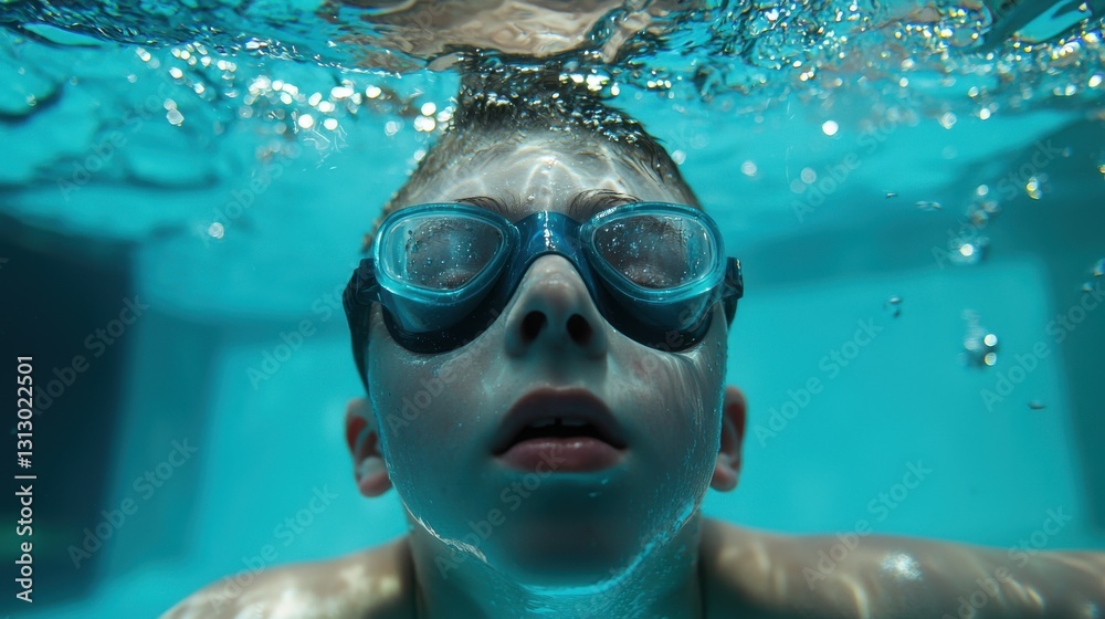 Fototapeta premium A young boy is swimming underwater wearing goggles