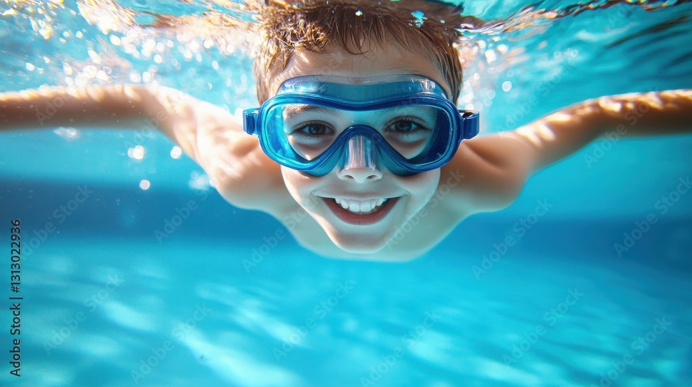Fototapeta premium A young boy is swimming in a pool wearing goggles and a blue swim cap