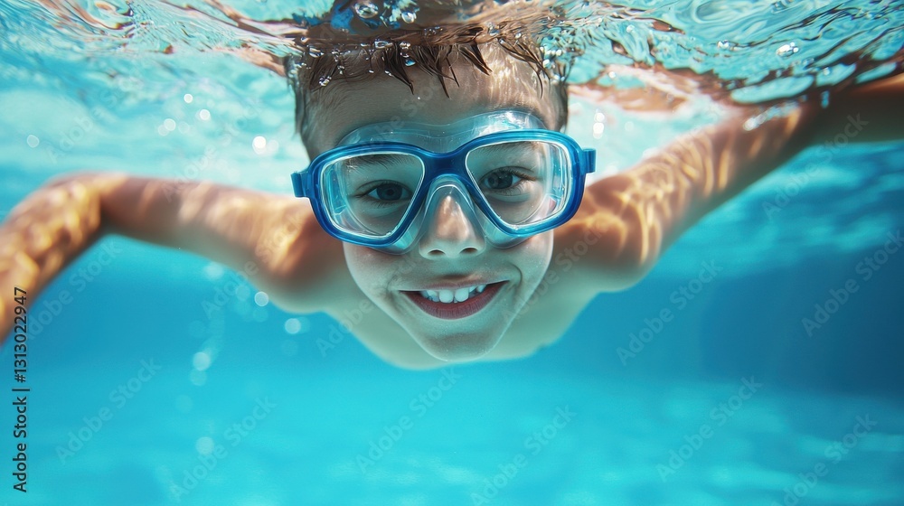 Naklejka premium A young boy is swimming in a pool wearing goggles