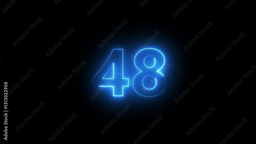 Abstract glowing neon text 48 number countdown icon. Glowing sign on black background Neon number 48 with alpha channel, simple blue neon color. Seamless loop style animation Abstract glowing neon text 48 number countdown icon. Glowing sign on black background Neon number 48 with alpha channel, simple blue neon color. Seamless loop style animation