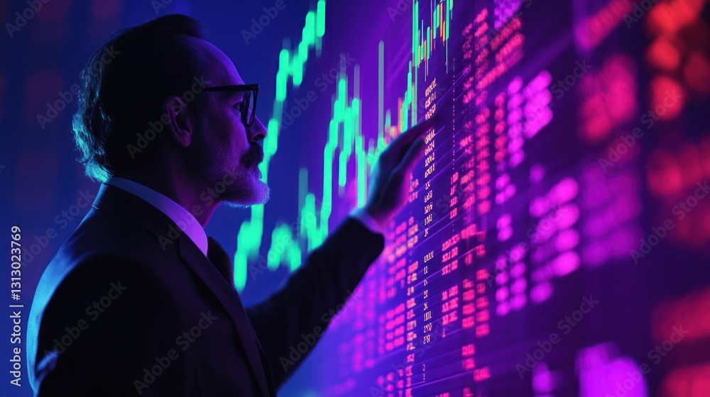 Businessman analyzing stock market data on large screen Businessman analyzing stock market data on large screen