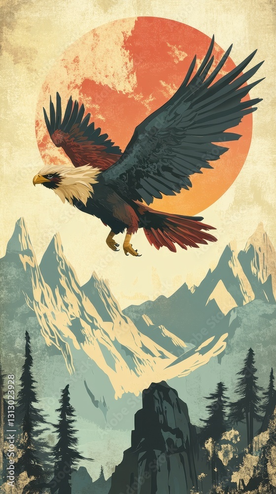 Obraz premium An illustration of a soaring eagle above majestic mountain peaks