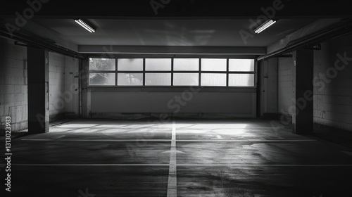 Empty parking garage with sunlight streaming through windows  creating shadows on the floor  evoking solitude