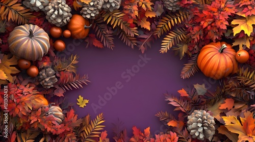 Autumn Harvest Frame, Pumpkins, Leaves, and Pinecones