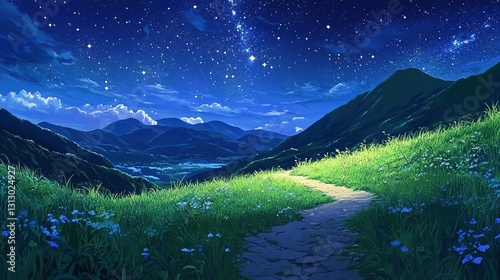 A scenic view of a starlit night over green mountains photo