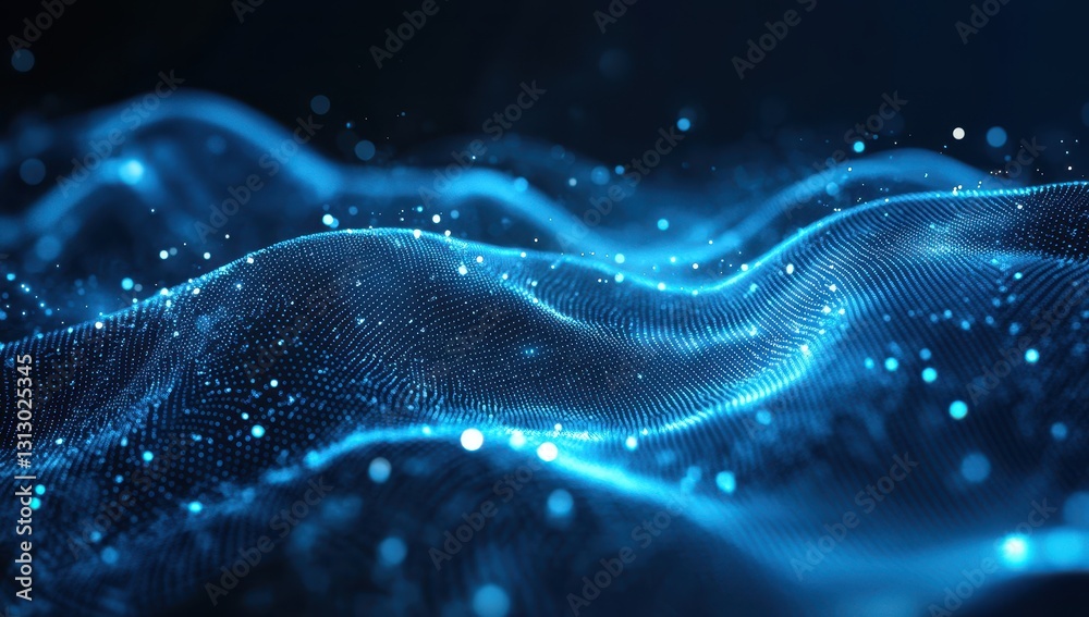 Futuristic abstract blue wave with glowing particles flowing in a digital landscape representing technology, data, and interconnectedness Futuristic abstract blue wave with glowing particles flowing in a digital landscape representing technology, data, and interconnectedness