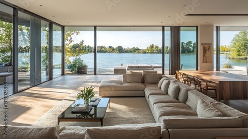 Modern lake house living room  sunny day  panoramic view