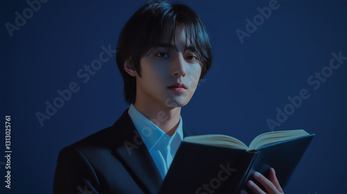 Plakat スーツ姿で読書をする、知的な雰囲気のアジア人の青年