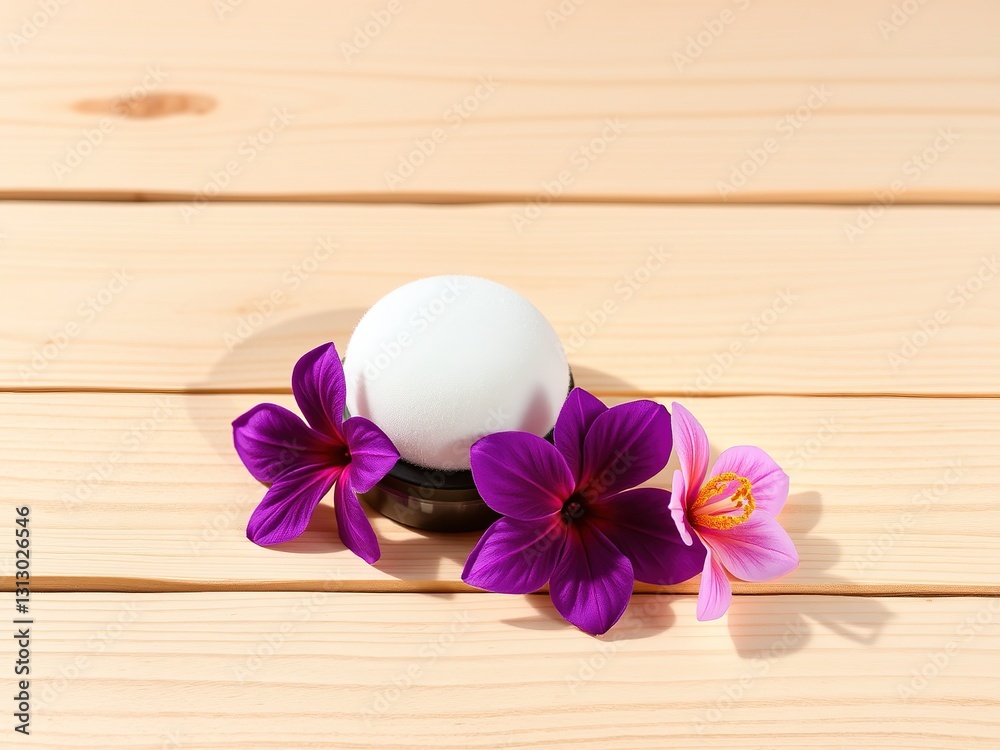 Amethyst Makeup Puff on Tropical Flowers, Pine Plank Amethyst Makeup Puff on Tropical Flowers, Pine Plank