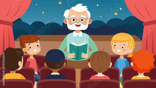 At a school auditorium students sit eagerly on the edge of their seats as grandparent storytellers captivate their minds with tales of adventure and moral lessons.. Vector illustration