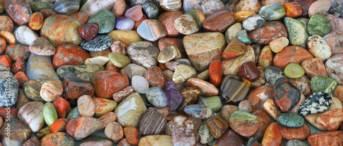 A Focus Stacked Close-up Panorama Image of Collection of Tumbled Rocks Found on the Shore of Lake Superior