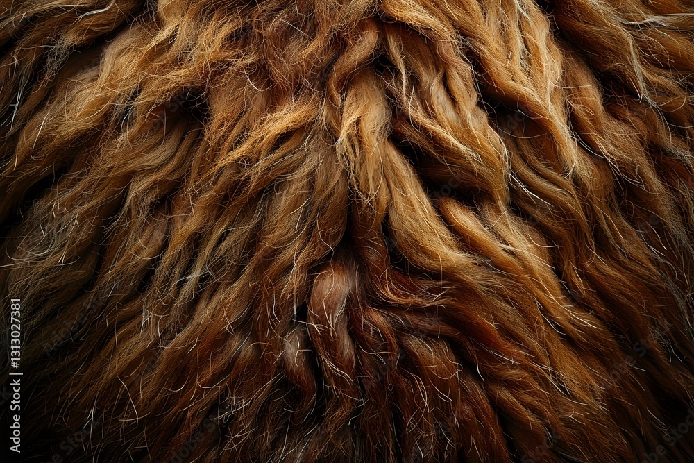 Naklejka premium Close up of brown curly fur texture showing natural wavy pattern and multiple shades of golden brown coloring. Macro photography reveals intricate hair details.