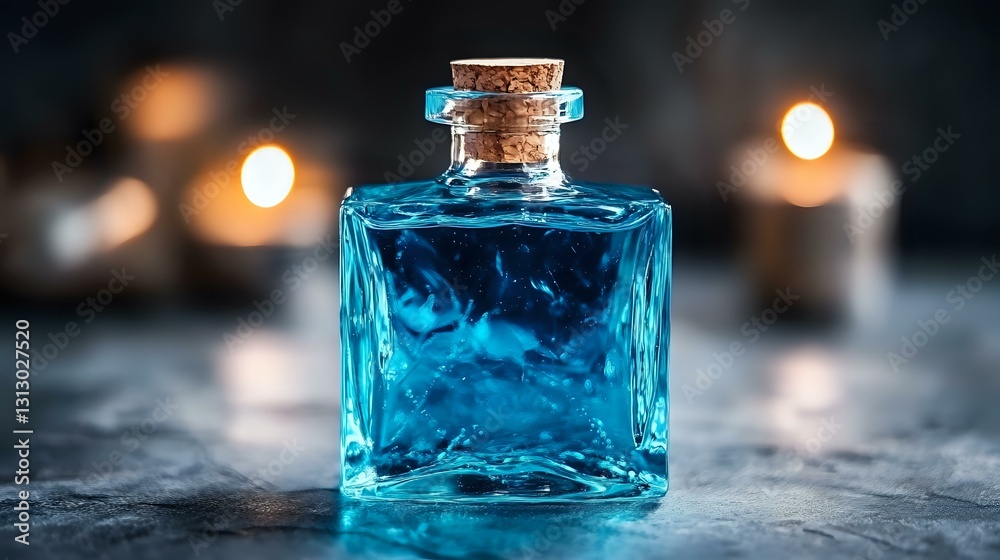 Magical blue potion in square glass bottle with cork stopper against dark background with glowing candles creating mystical atmosphere. Magical blue potion in square glass bottle with cork stopper against dark background with glowing candles creating mystical atmosphere.