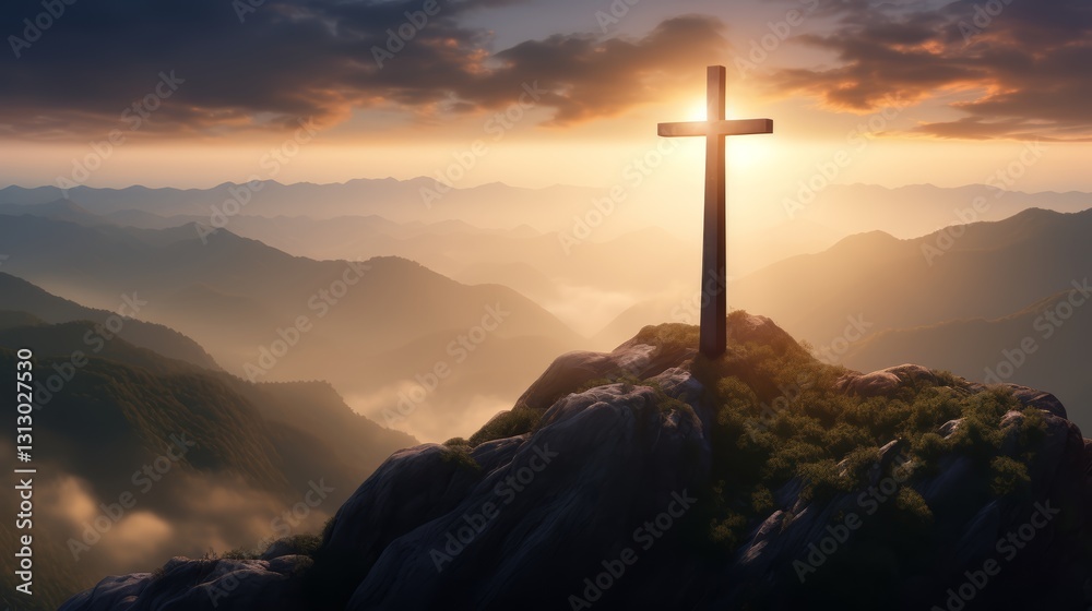 Christian cross at the top of a mountain with sunlight breaking through the clouds symbolizing the resurrection of Jesus Christ. Christianity, crucifix, religion, landscape and heaven concept. Christian cross at the top of a mountain with sunlight breaking through the clouds symbolizing the resurrection of Jesus Christ. Christianity, crucifix, religion, landscape and heaven concept.