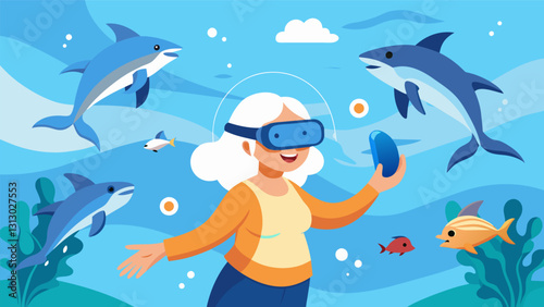 An old woman experiencing her dream of swimming with dolphins through VR feeling the ocean breeze and water spray as she interacts with the gentle creatures.. Vector illustration