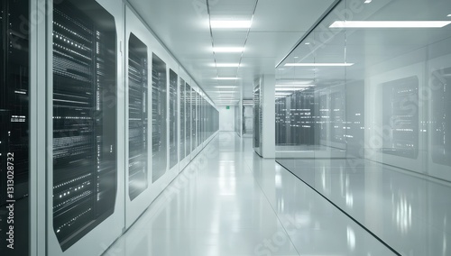 Futuristic Data Center Interior with Glass Walls and Rack Mounted Servers in a Clean Minimalist Environment