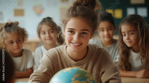 Young caucasian girls engaged in classroom learning with globe as educational tool