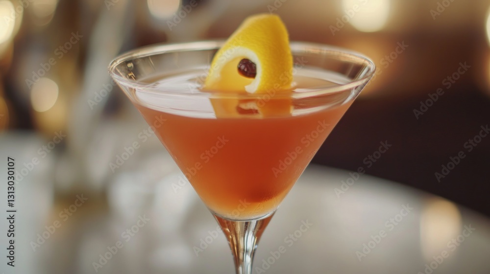 Elegant Cocktail with Lemon Twist and Cherry Garnish on a Table Elegant Cocktail with Lemon Twist and Cherry Garnish on a Table