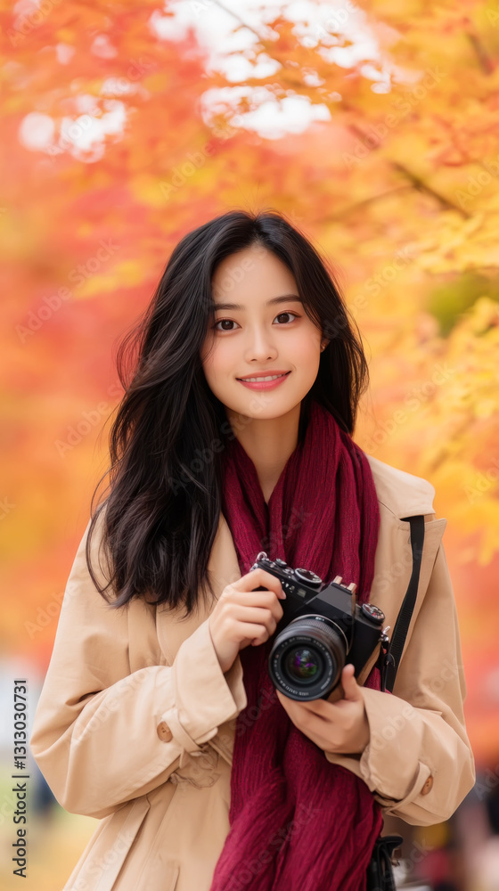 Young asian female photographer amidst vibrant autumn foliage with camera Young asian female photographer amidst vibrant autumn foliage with camera