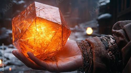 Hand holding glowing crystal, medieval village, fantasy scene. Possible use Fantasy game background