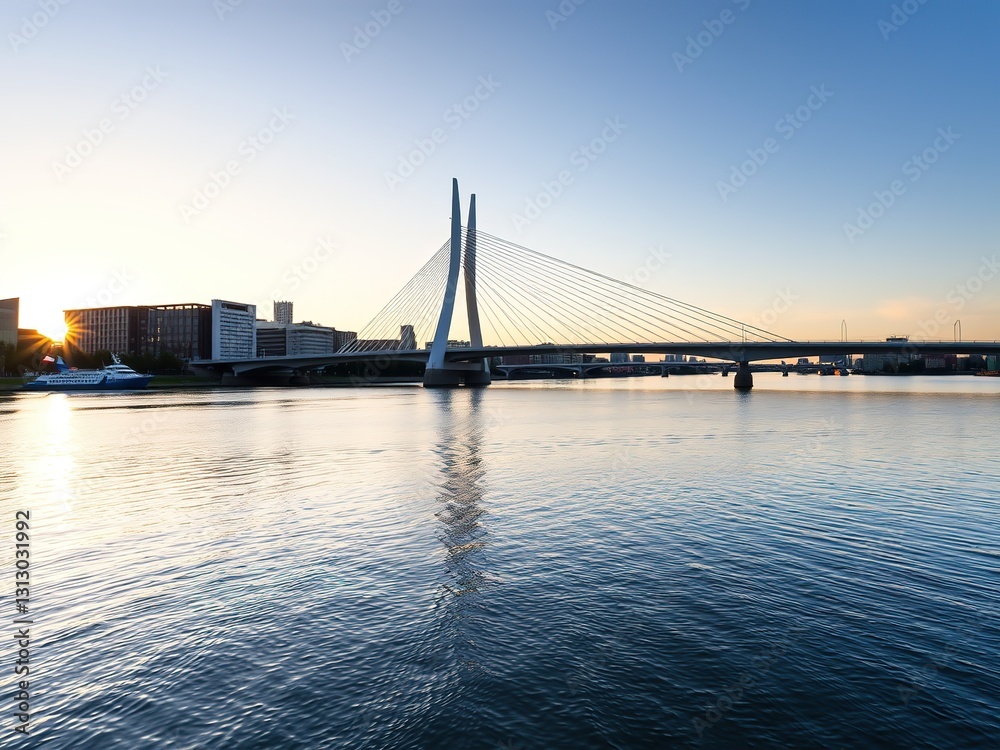 Fototapeta premium Erasmus Bridge Rotterdam Skyline at Sunrise