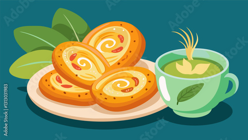Savory palmiers filled with a variety of cheeses and herbs paired with a cup of hot tea for a delightful combination.. Vector illustration