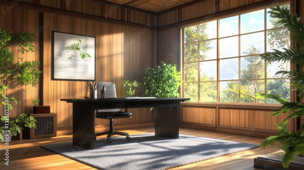 Fototapeta premium Modern Japanese workspace with large window