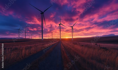 Wind Turbines at Sunset Landscape