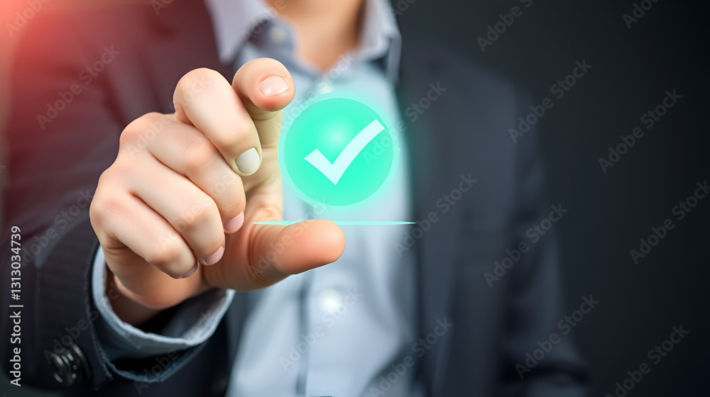 check mark for compliance, certification or audit concept with a business man holding a digital hologram of green check mark for compliance, certification or audit concept with a business man holding a digital hologram of green