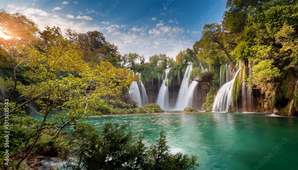 Fototapeta premium waterfalls with trees in the foreground and waterfall in the background