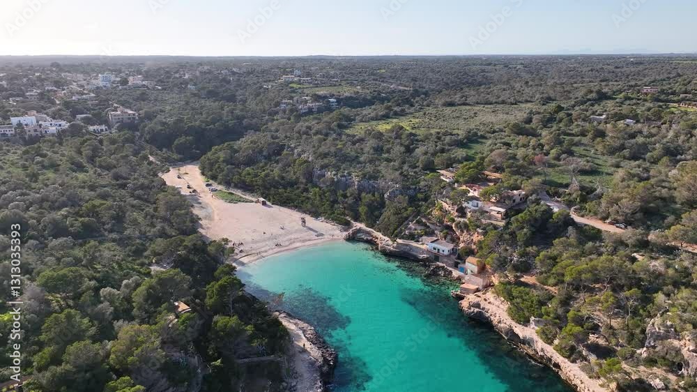 Drone aerial of beautiful beach Cala Llombards with crystal clear water on Mallorca Drone aerial of beautiful beach Cala Llombards with crystal clear water on Mallorca