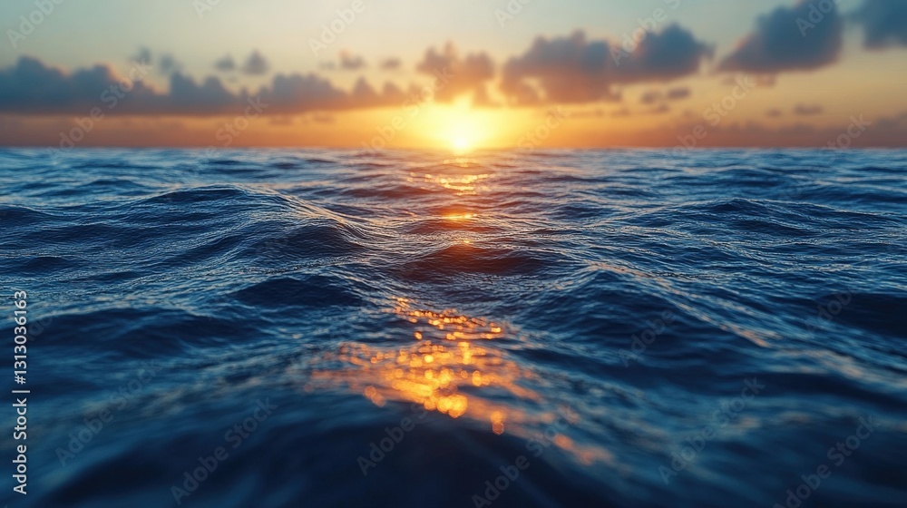 Obraz premium Serene sunset over calm ocean waters, reflecting golden light with soft clouds in the sky