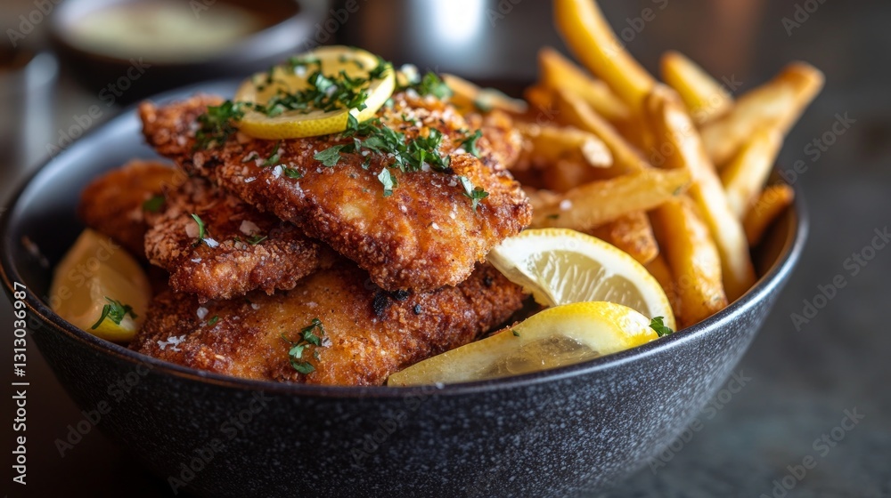 Crispy Fried Fish Fillets with Lemon and French Fries in Bowl Crispy Fried Fish Fillets with Lemon and French Fries in Bowl
