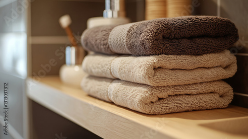 Close-up of stacked beige and brown clean towels on a wooden shelf in a bathroom.