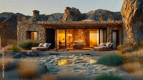 Secluded desert cabin with pool at sunrise. Scenic getaway