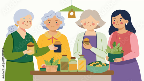 In one corner of the market a group of elderly women display their handcrafted herbal teas and lotions proudly sharing the secrets of their natural remedies.. Vector illustration