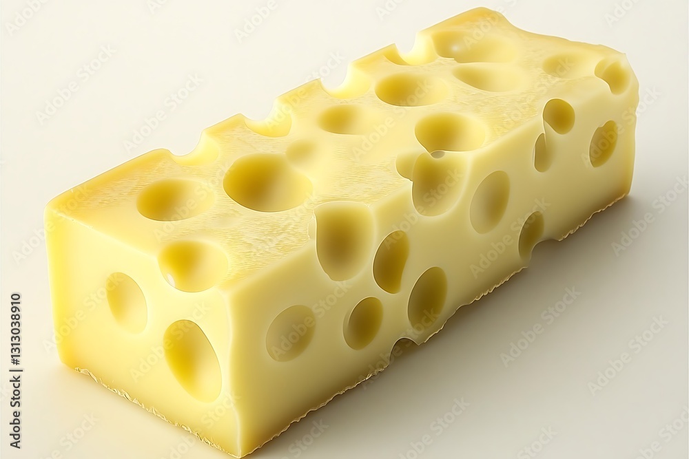 Pale Yellow Cheese Block with Numerous Holes on White Background Pale Yellow Cheese Block with Numerous Holes on White Background