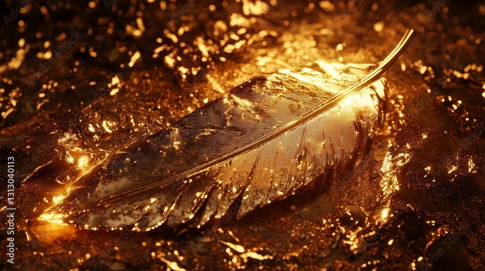 Golden feather floating in a pool of liquid gold, close-up Golden feather floating in a pool of liquid gold, close-up