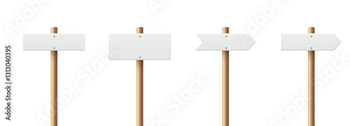 Realistic Blank Sign Post Set. Realistic Road Signboard. Plywood Pointer, Timber, Directional Sign Design Template, Front View. Vector Illustration in 3D Style