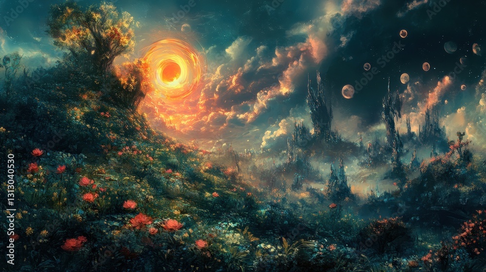 Fototapeta premium An imaginary beautiful landscape with vibrant colors and celestial elements