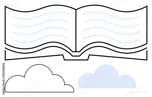 Open book with curved pages and cloud shapes below, representing creativity, education, storytelling, learning, imagination, dreams, and wisdom. Ideal for education literature personal growth