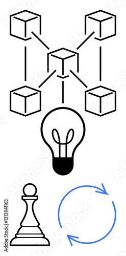 Connected blockchain cubes, central lightbulb, chess pawn, and circular arrows convey innovation, strategy, decision-making, technology, collaboration development and problem-solving. Ideal
