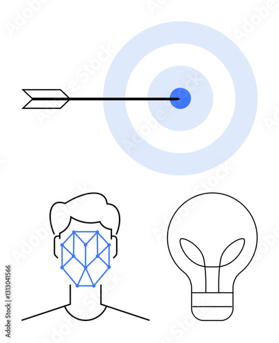 Arrow pierces center of blue target, face outlined with recognition grid, lightbulb design. Ideal for precision, AI, innovation, technology, creativity smart solutions goal setting. Flat simple