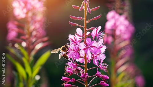chamerion angustifolium pink flower of willow blossoming in a daytime fireweed flower with insect bee on it