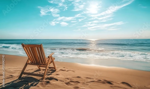 Wooden Beach Chair on Sandy Shore With Ocean View