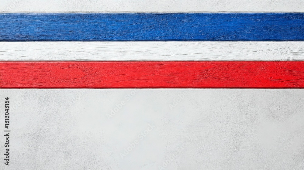 Abstract composition featuring horizontal stripes in blue, white, and red against a textured white background Abstract composition featuring horizontal stripes in blue, white, and red against a textured white background