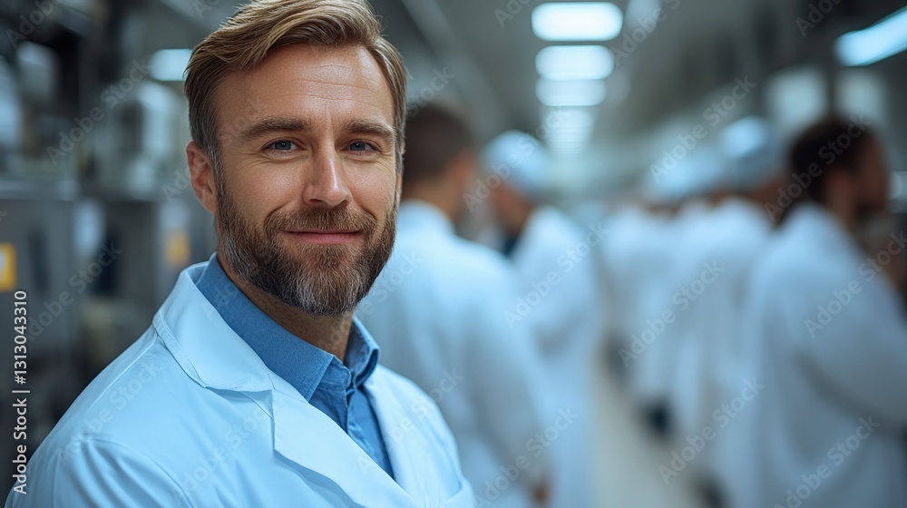 Smiling professional in a laboratory setting with colleagues in the background engaged in work