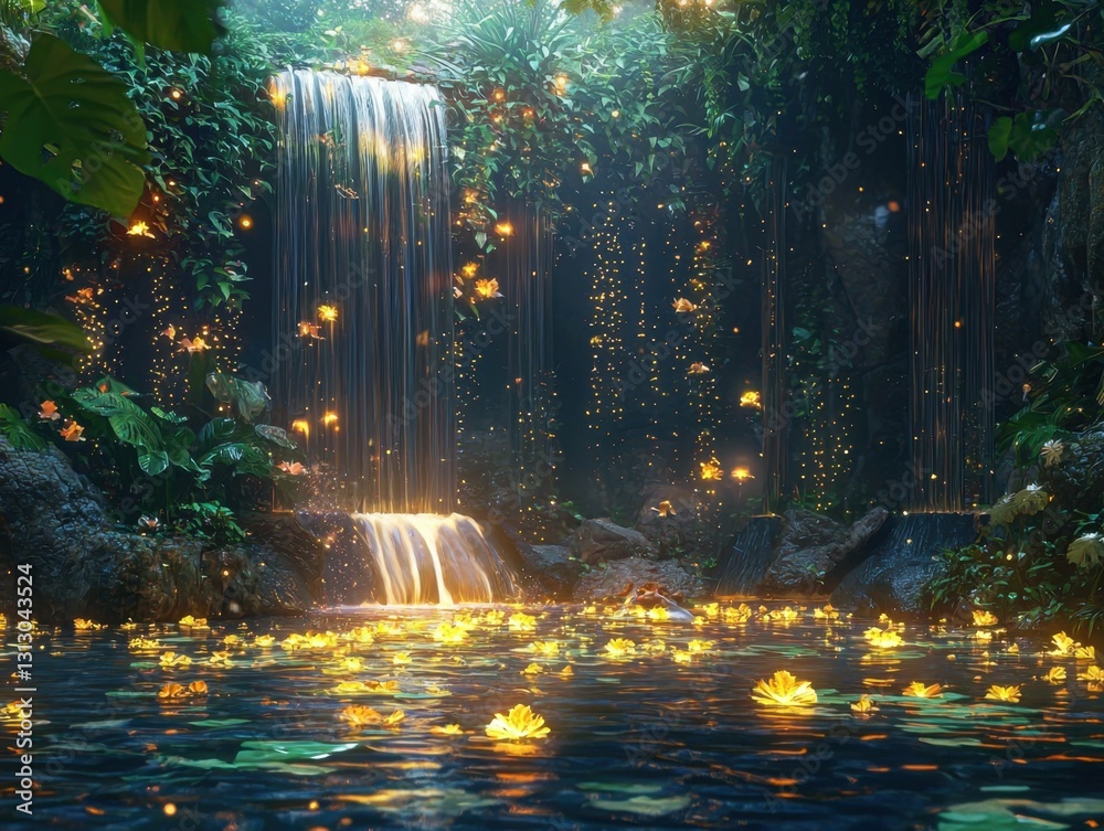 A mystical waterfall cascades into a serene pond, adorned with glowing flora, creating an ethereal, enchanting forest oasis. A mystical waterfall cascades into a serene pond, adorned with glowing flora, creating an ethereal, enchanting forest oasis.