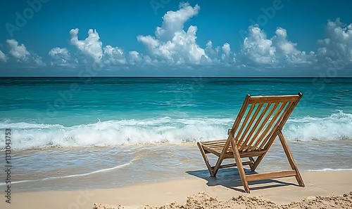 Wooden Chair on Sandy Beach with Turquoise Ocean and Blue Sky