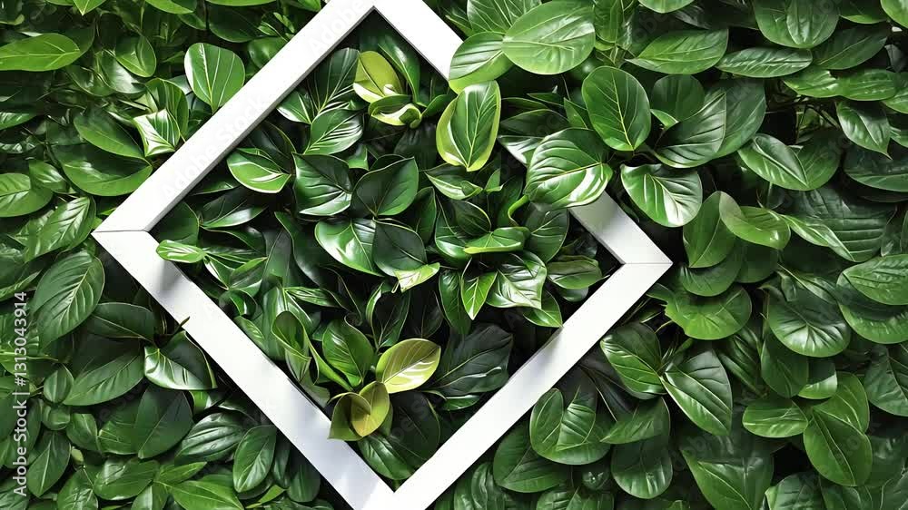 Green leaves with a white geometric frame placed on top for a minimalist nature concept

